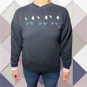 VTG 86' Bay Bridge Black W/ Pink Layered Crew Pullover Sweater w/ 3 Cat Faces LG